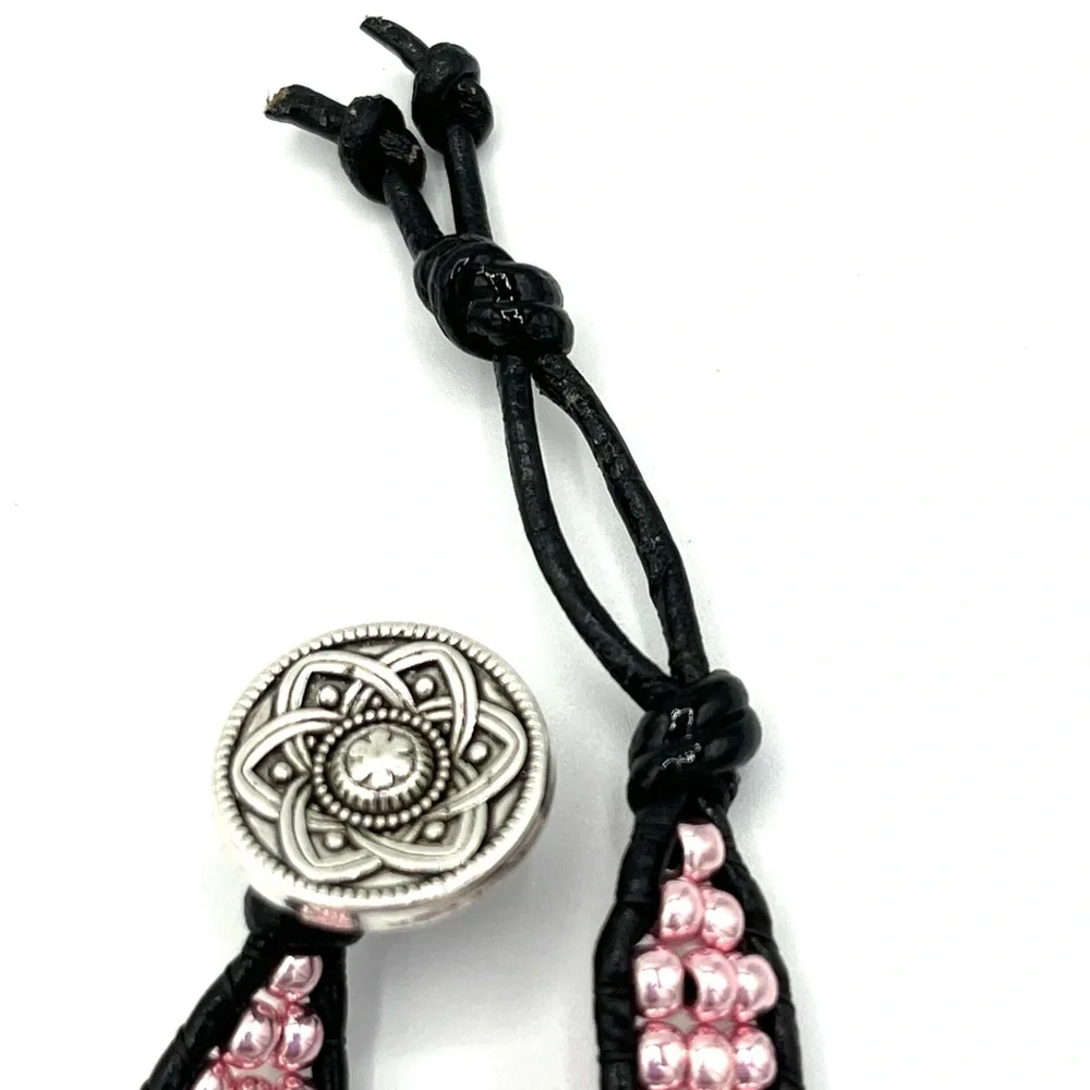 HAND CRAFTED Pink Beaded Leather Apple Watch Strap - Picture 6 of 8